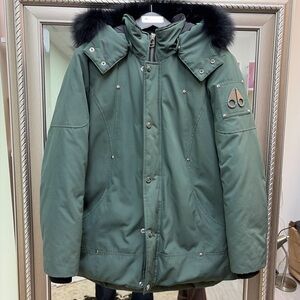 Moose Knuckles Green Puffer Jacket with Black Fur Trim